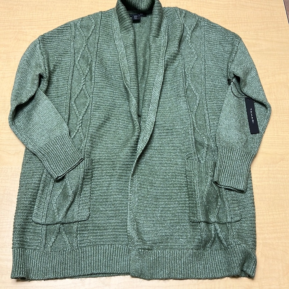 Tahari bengal grass long sleeve shawl cable cardigan, size medium, NWT